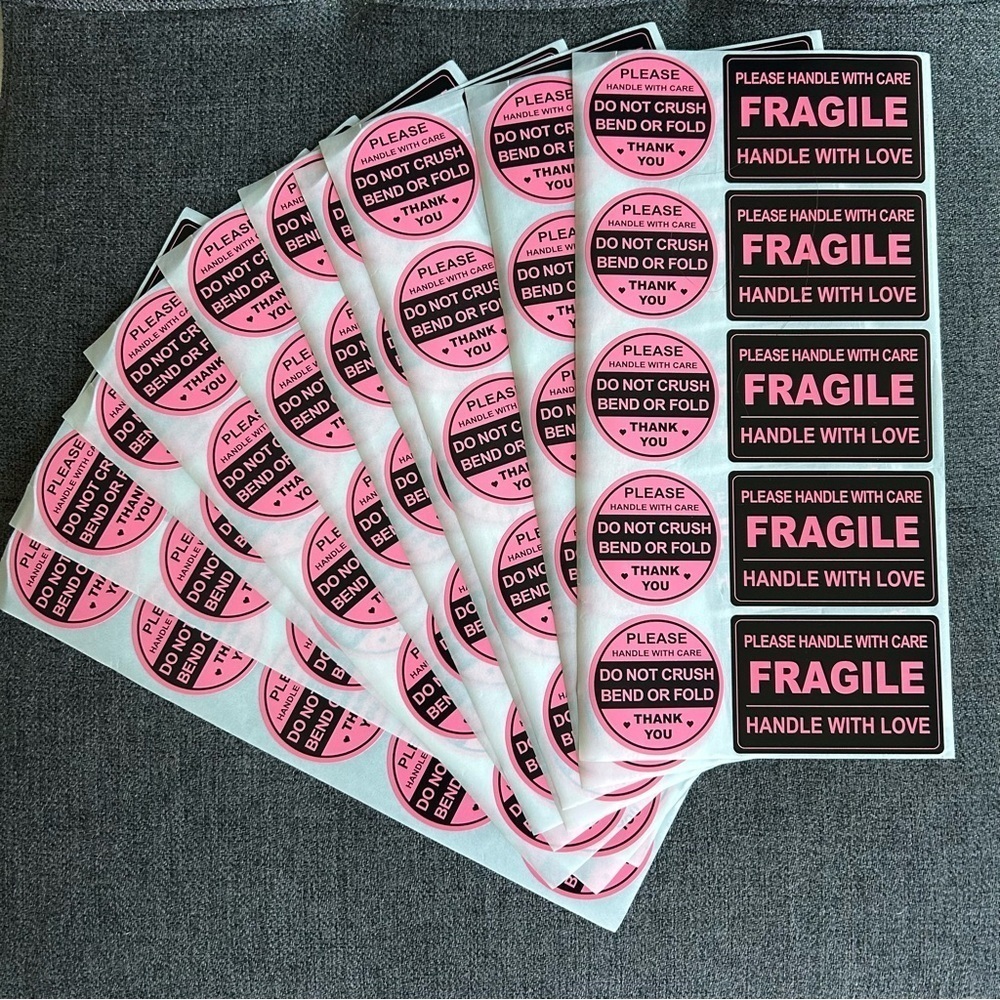 Count of 100 - Fun, Neon Pink + Black Rectangular + Circular FRAGILE Stickers